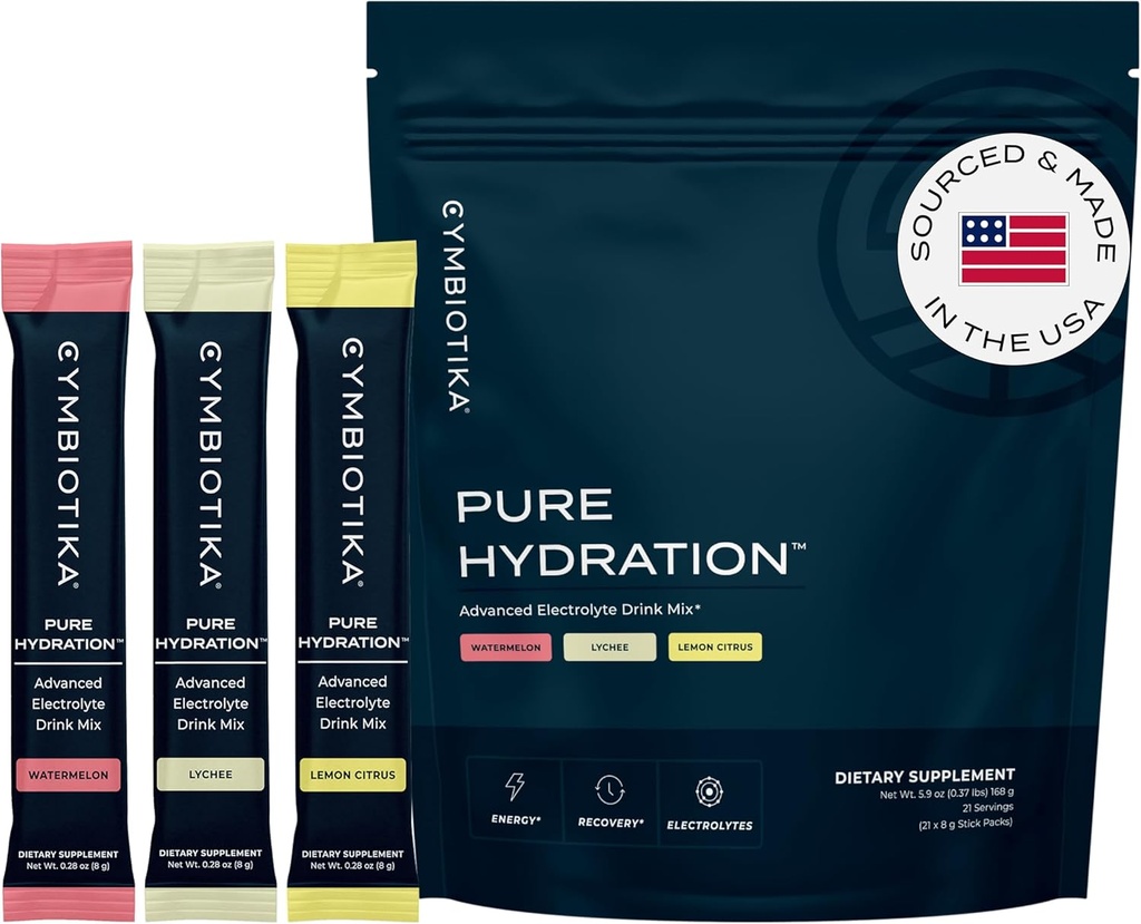 CYMBIOTIKA Pure Hydratation Electrolytes Powder Drink Mix avec Vitamine C & Magnésium, Packs d'hydratation d'électrolytes Kéto Friendly, Variété Pack, Citron, Lychee & Pastèque, 7 Packs de chaque, 21 Stick