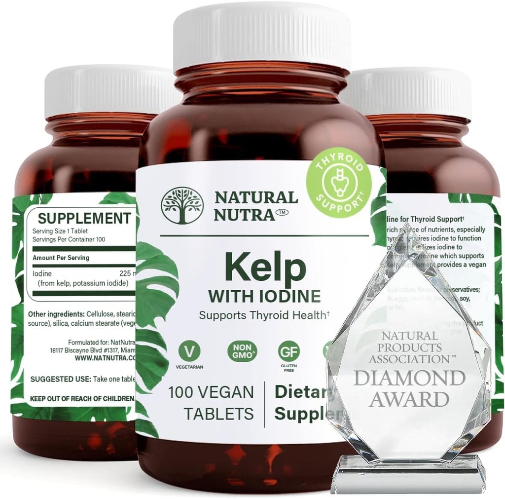Complément de support naturel Nutra Kelp Iodine Thyroïde, renforce le système immunitaire et régule le métabolisme, Vegan Sea Kelp, non OGM, extrait d'algues de l'Atlantique, 225 mcg, 100 comprimés