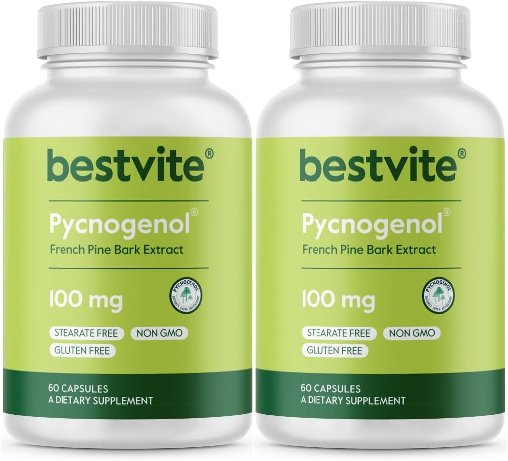 BESTVITE Pycnogenol 100mg (120 Kapseln) (60x2) - French Maritime Pine Bark Extract - No Stearates - Gluten Free - Non GMO