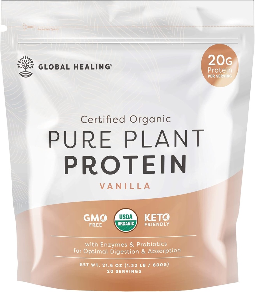 Global Healing Vanille végétalienne, poudre végétale de protéines pour les femmes et les hommes, bio, substitut de repas (20 portions, 20g de protéines)