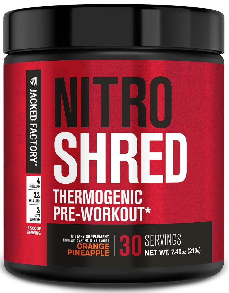 Jacked Factory NITROSURGE Shred Pre Workout Supplement - Energy Booster, Instant Strength Gains, Sharp Focus, Powerful Pumps - Nitric Oxide Booster & PreWorkout Powder - 30Sv, Orange Ananas