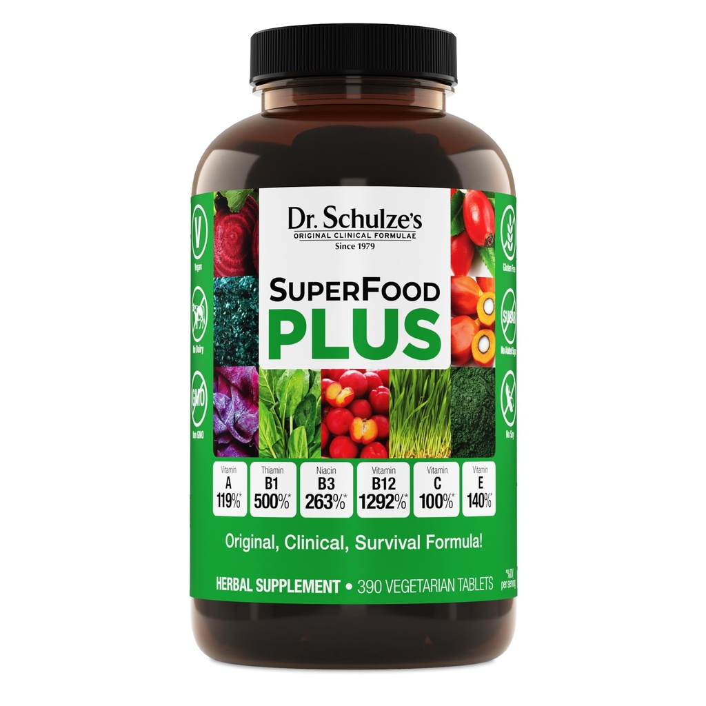 Dr. Schulze's SuperFood Plus | Vitamina & Mineral Herbal Concentrate | Nutrizione giornaliera & Aumento di energia | Gluten-Free & Non OGM | Vegan | 390 Tabs | Packaging May Vary