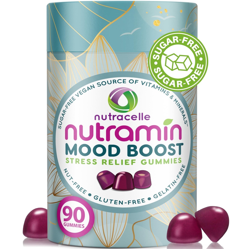 NUTRAMIN Mood Boost Multivitamin Gummy - Delicious & Yummy Anti-Stress Magnesium Ashwagandha Gummies + B Complex Vitamins for Focus and Calm - Zuckerfrei, Vegan, Glutenfrei, Allergy-Safe (90 Count)