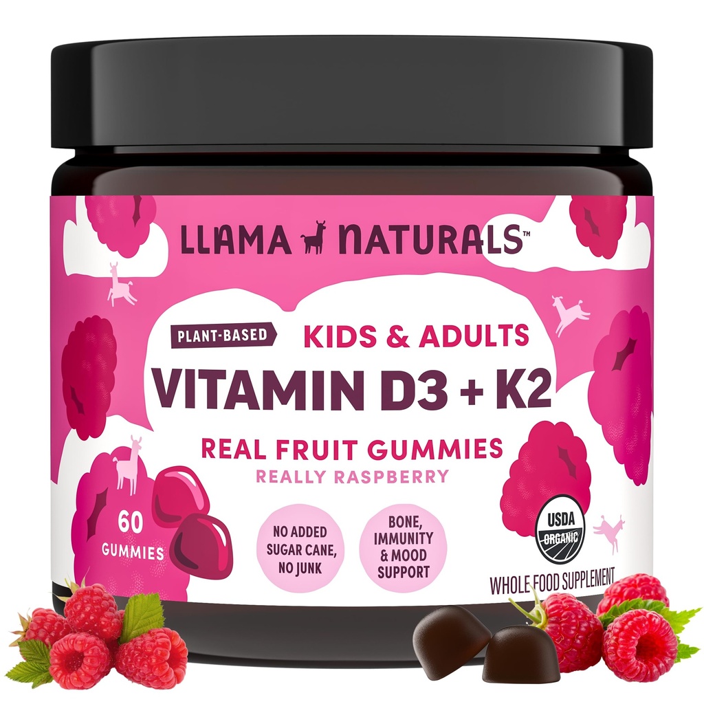 Llama Naturals Vitamina D3, Vegan, Integratore di supporto Immune Organico, Vitamina D Gummies per Adulti e Bambini, Vitamine di Gomma Reale di Frutta, Promuove la Salute di Bone, Canna di Zucchero non Aggiunto, Lampone, 60 Ct