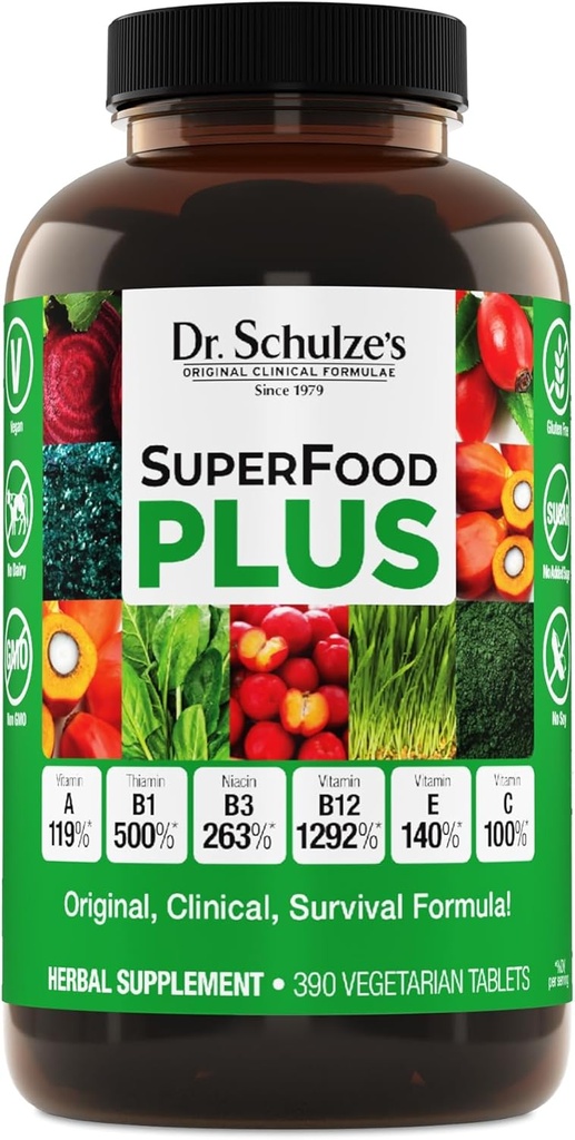 Dr. Schulze's SuperFood Plus | Vitamin & Mineral Kräuterkonzentrat | Tägliche Ernährung & Erhöhte Energie | Glutenfrei & Non-GMO | Vegan | 390 Tabs | Verpackung Mai Vary