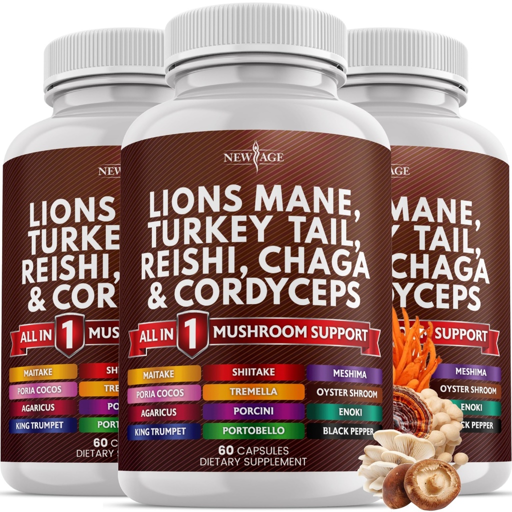 NEW AGE Lions Mane Mushroom Supplément avec la dinde Tail Reishi Cordyceps Chaga avec Marshmallow Root 180 Comte