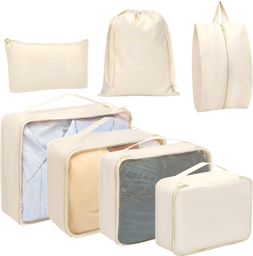 Toplive 7 Set Packing Cubes for Travel, Luggage Organizer Bags for Travel Accessories, Compression Packing Cubes, Beige