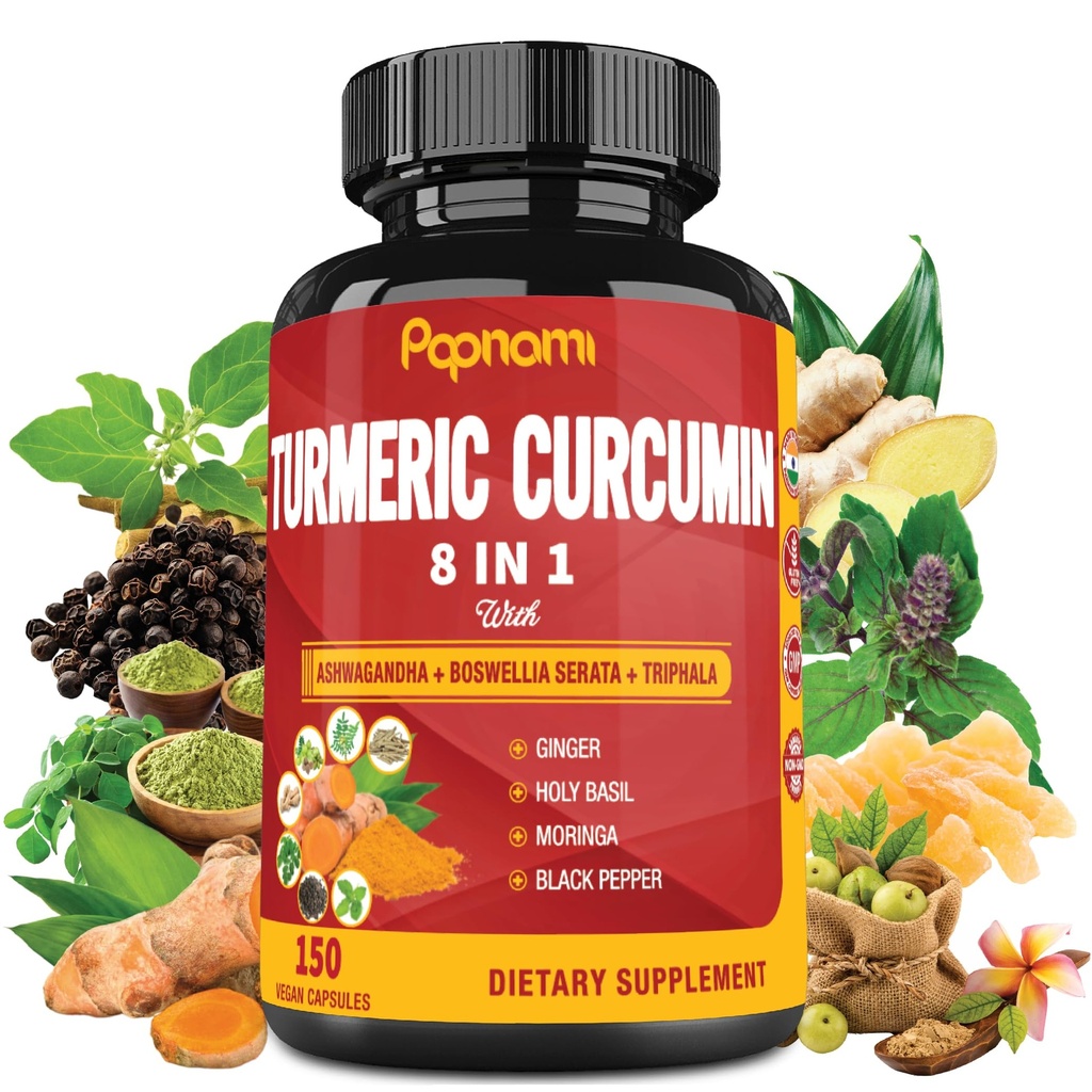 Capsules curcumin curcumin curcuma - avec Ashwagandha, Boswellia, Triphala, Ginger, Basilic Saint, Moringa et poivre noir - 150 pilules 5 mois d'approvisionnement