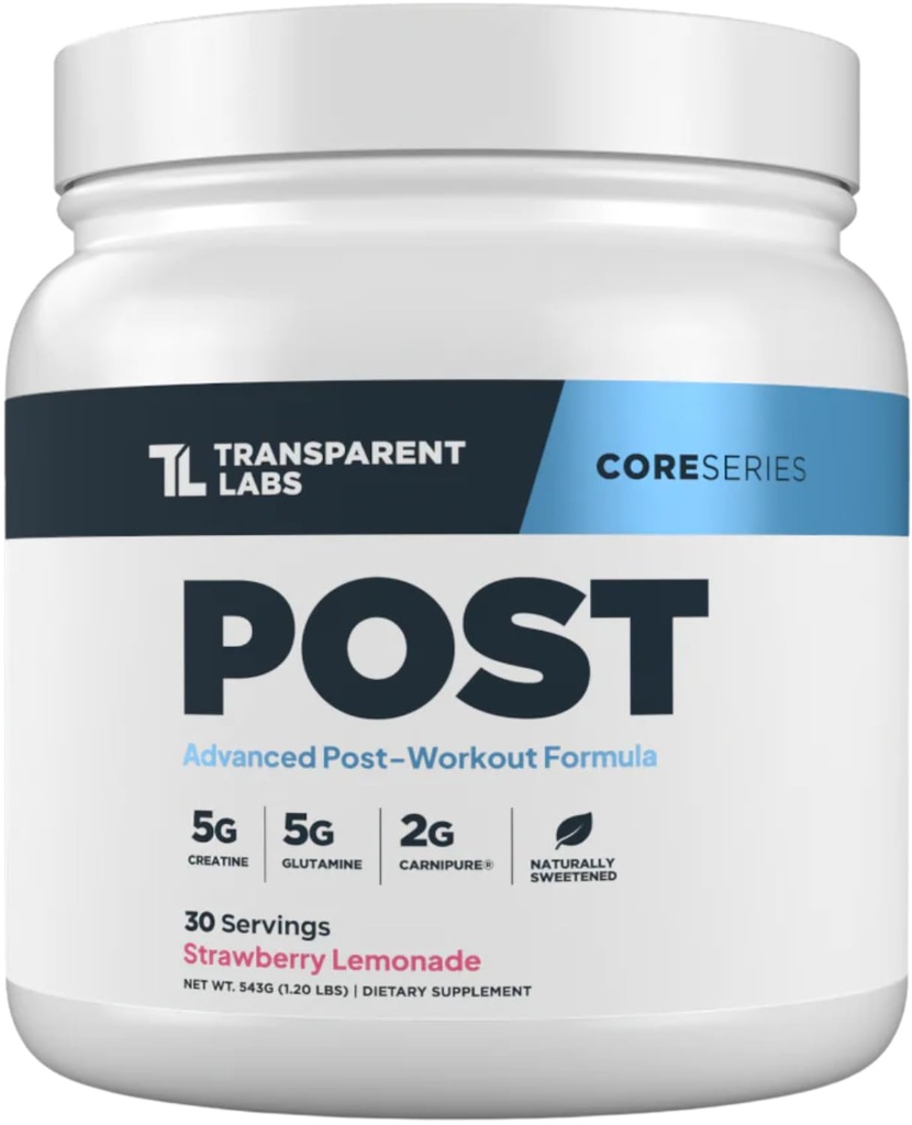 Transparent Labs Post - Post-Workout Recovery Muscle Builder with L-Glutamine, Beta-Alanine and BetaPure Betaine Anhydre pour la récupération musculaire et le bâtiment musculaire - 30 portions, lémonade de fraises