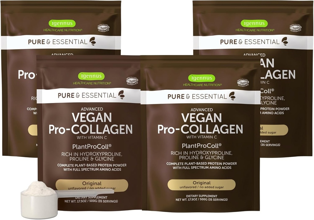 Igennus Vegan Collagen Peptide Polvere, potenziato con glicina, Proline & Hydroxyproline & Cofactor Vitamin C, Non OGM, Complete Vegetarian Plant Based Collagen Powder Booster, 4 x 35 Servings