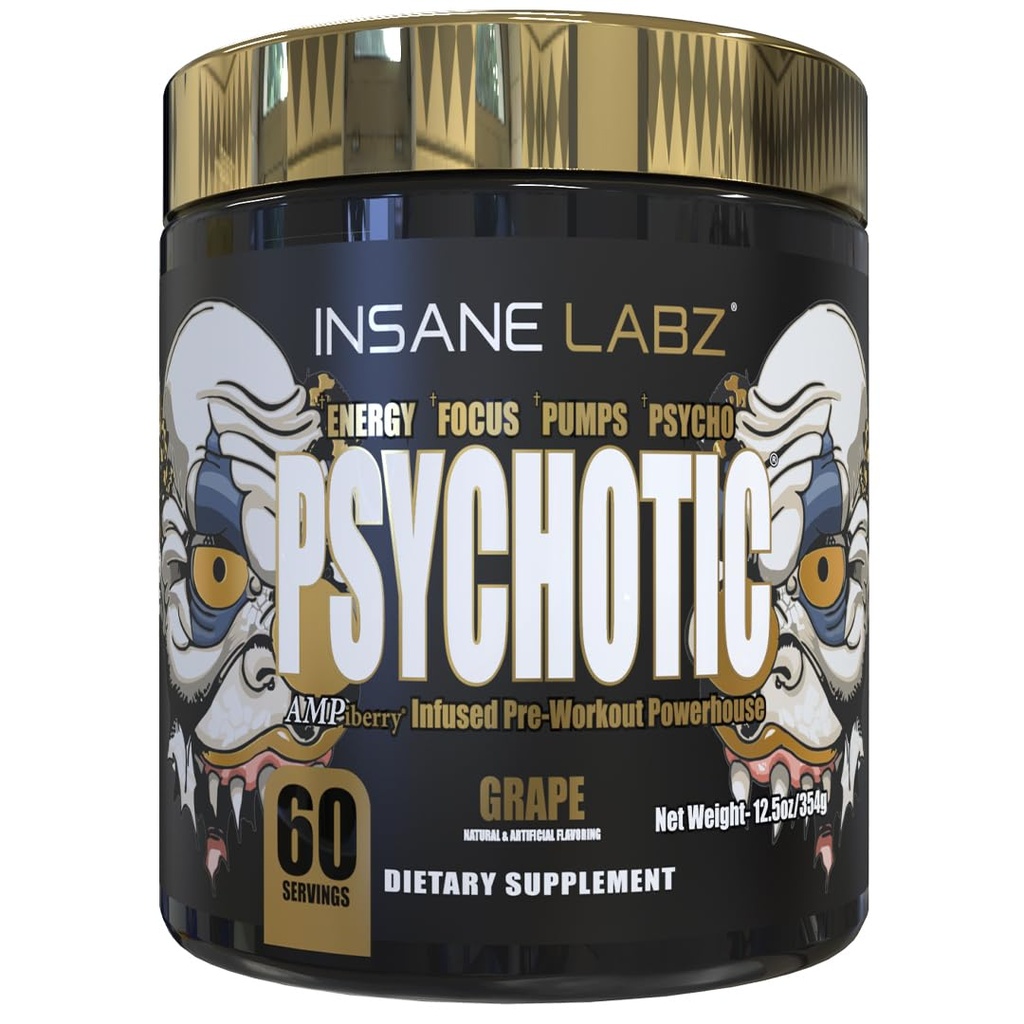 Insane Labz Or psychotique, poudre de pré-entraînement stimulante, énergie latente extrême, pompes et endurance avec Beta Alanine, DMAE Bitartrate, NO Booster (60 portions, raisin)