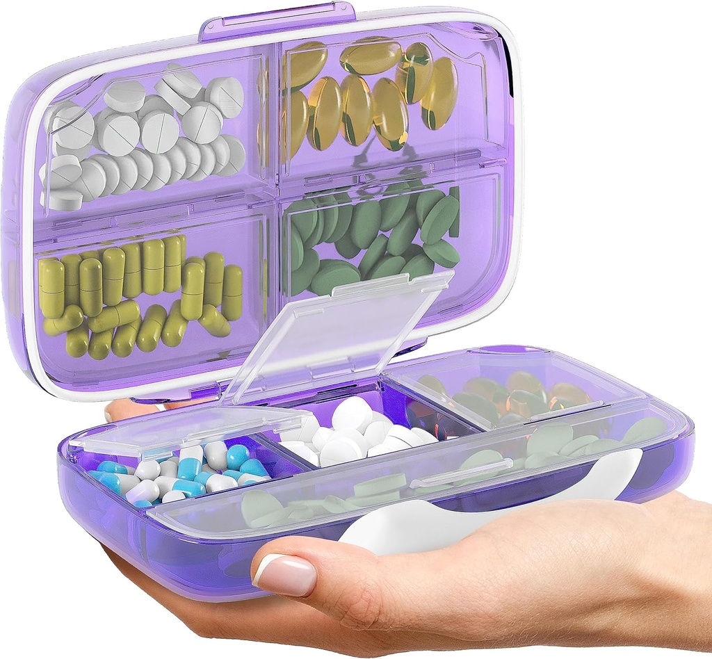Organisateur de pilules de voyage - Cas de médicaments hermétiques pour voyager Boîte de pharmacie portable avec étiquettes Conteneur de vitamine 8 Supplément de compartiment Titulaire de médicaments Grande capacité quotidienne (Purple)
