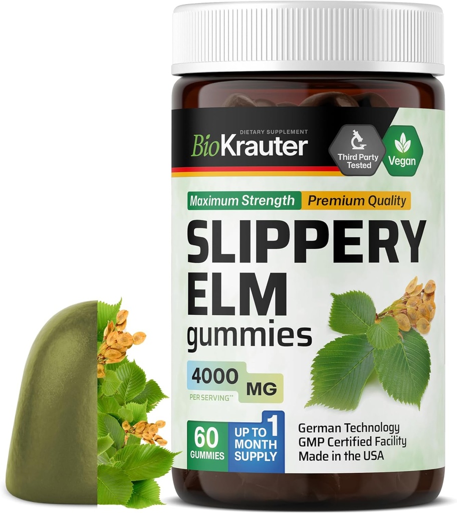BIO KRAUTER Slippery Elm Gummies 4000 mg - 60 Count 30 Days of Supply - Supporto digestivo e respiratorio - Ulmus Rubra Gummies for Lungs - Slippery Elm Bark for Women & Men - Vegan, GMO-Free