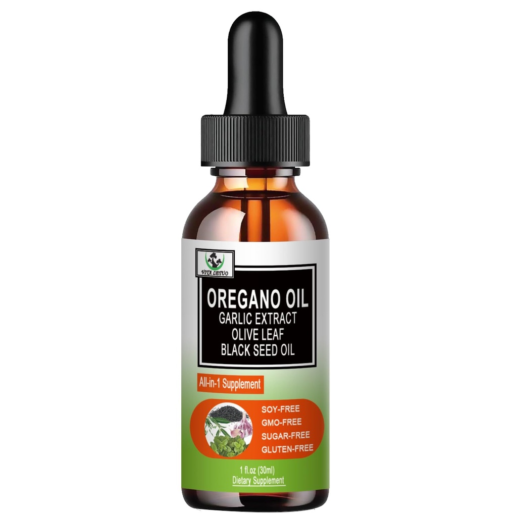 Huile biologique d'Origan avec huile de graines noires, huile d'Origan gouttes liquides avec/Garlic Olive Leaf Elderberry pour Immune,Digestive Support & Antioxydant,Saison de soutien supplémentaire pour les femmes hommes