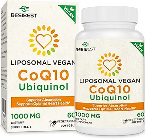 1000mg Liposomal CoQ10 Ubiquinol, 60 Vegan Softgels, Alto assorbimento Ubiquinol CoQ10 Supplemento, Forma antiossidante attiva di Coenzyme Q10 per la salute e la produzione di energia del cuore