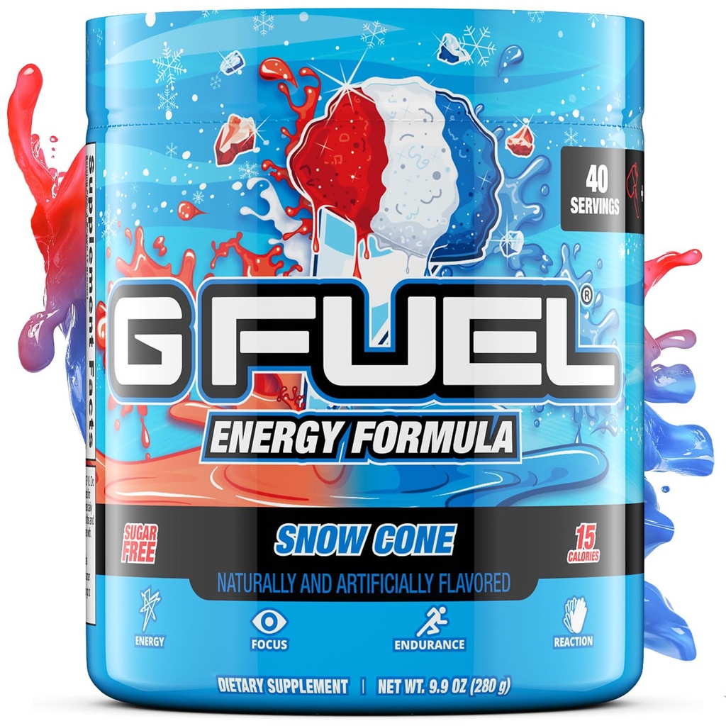 G Fuel Snow Cone Energy Drink Powder, Pre Workout Caffeine Mix for Gaming, Sugar Free Focus Amino, Vitamin + Antioxidantien, 9.9oz (Snow Cone, 40 Portionen)