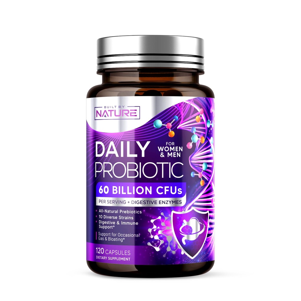 Erbaut von Nature Probiotic for Women & Men – 60 Billion CFU, 10 Strains + Prebiotics & Digestive Enzyme – Unterstützt Verdauungs-, Immun-, Reduzieren Gas & Bloating – Shelf Stable, Non-GMO - 120 Kapseln