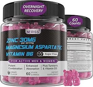 Zinco e Magnesio Supplemento, Zinc Magnesium Aspartate Post Workout Gummies for Men Women, con Vitamina B6, B12, D3, Turmerico per il recupero notturno, Ridurre Fatigue, Boost Immunity & Sleep, 60 Conte