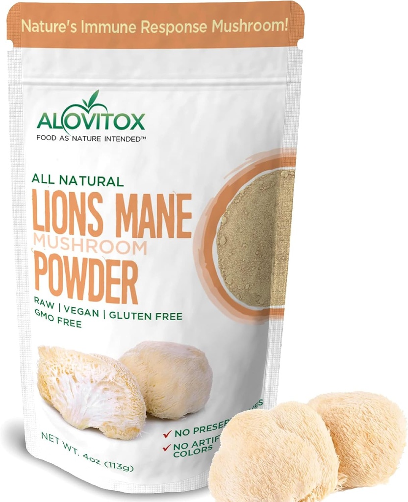 Alovitox Organic Lion's Mane Mushroom Powder | Superfood naturale per il cervello, l'energia e la salute immunitaria, fornisce supporto neurale, protezione GI, benefici cardiovascolari | Non-GMO, Vegan, senza glutine | 4 oz