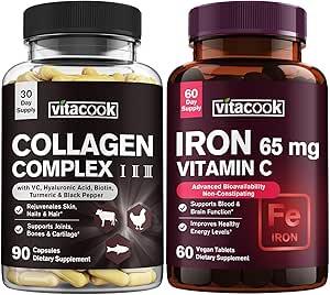 Peptidi di collagene e Bundle di ferro, 2025 MG Collagen, Zucchero Zero, 65 MG Ferro Elementale, Ferro di carbonio con vitamina C, Gentle su Lo Stomach