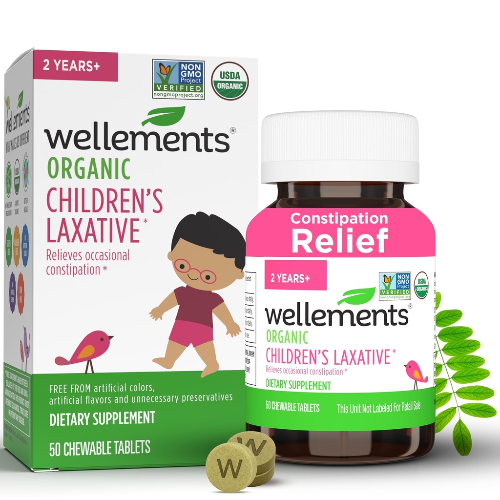 Wellements Organic Kinder Laxatives for Constipation (50 Chewable Tablets) | Organic Senna Tablets für 2+ Kinder | Non-GMO, USDA Organic, Gluten Free | Natural Laxatives for Constipation Relief*