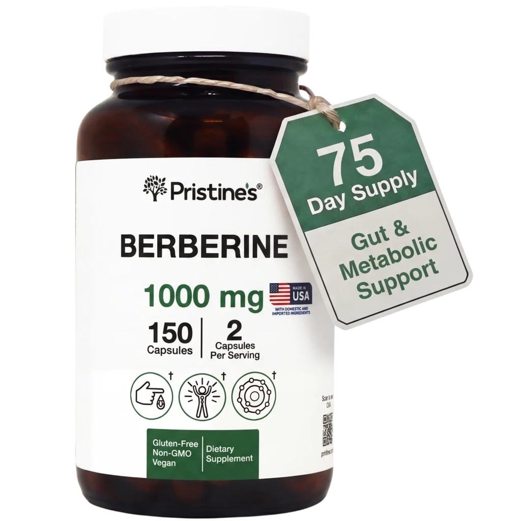 PRISTINE'S Berberine Supplement Kapseln - 1000 MG 75 Day Supply 150 Kapseln - Herz, &amp; Immunität Gesundheitsunterstützung Antioxidans - Verdauungstrakt & Gesundes Gut Flora Unterstützung