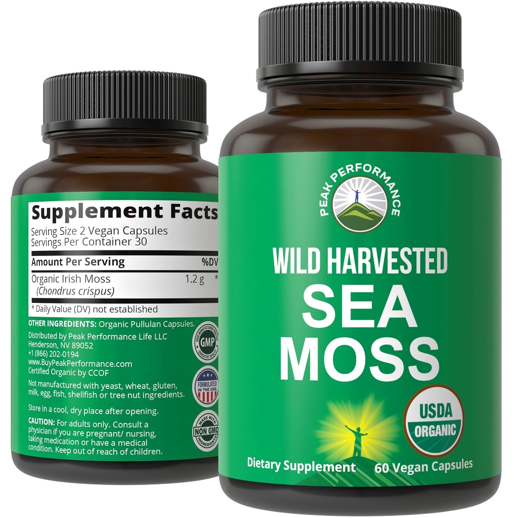 Bio Sea Moss Kapseln. Wild Harvested Sea Moss Raw Organic Vegan Ergänzung von Red Algae Seaweed. 100% Ganzer Extrakt Raw Irish SeaMoss Superfood Pills. für Gut, Respiratory, Immununterstützung.