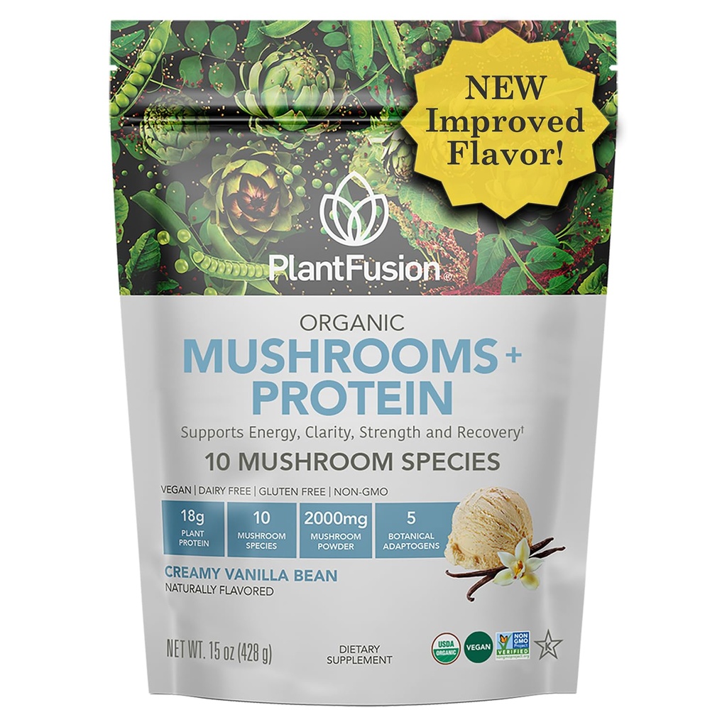 Polvere proteica del fungo di piantafusione - 3 in 1 polvere proteica vegana, supplemento di funghi, e supplemento di adaptogen - sostegno messa a fuoco mentale, immunità e recupero - Vanilla 1lb