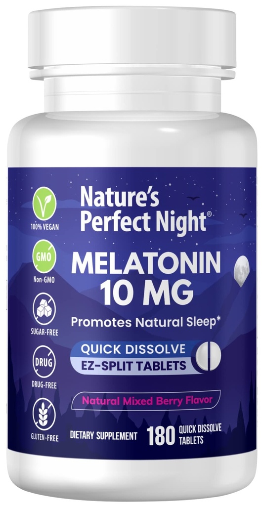 Notte perfetta della natura | Melatonin 10mg | 180 compresse di dissolvenza rapida | Natural Mixed Berry Flavor |High Potency | Sugar Free | Vegan | Gluten Free | Dimensione del valore