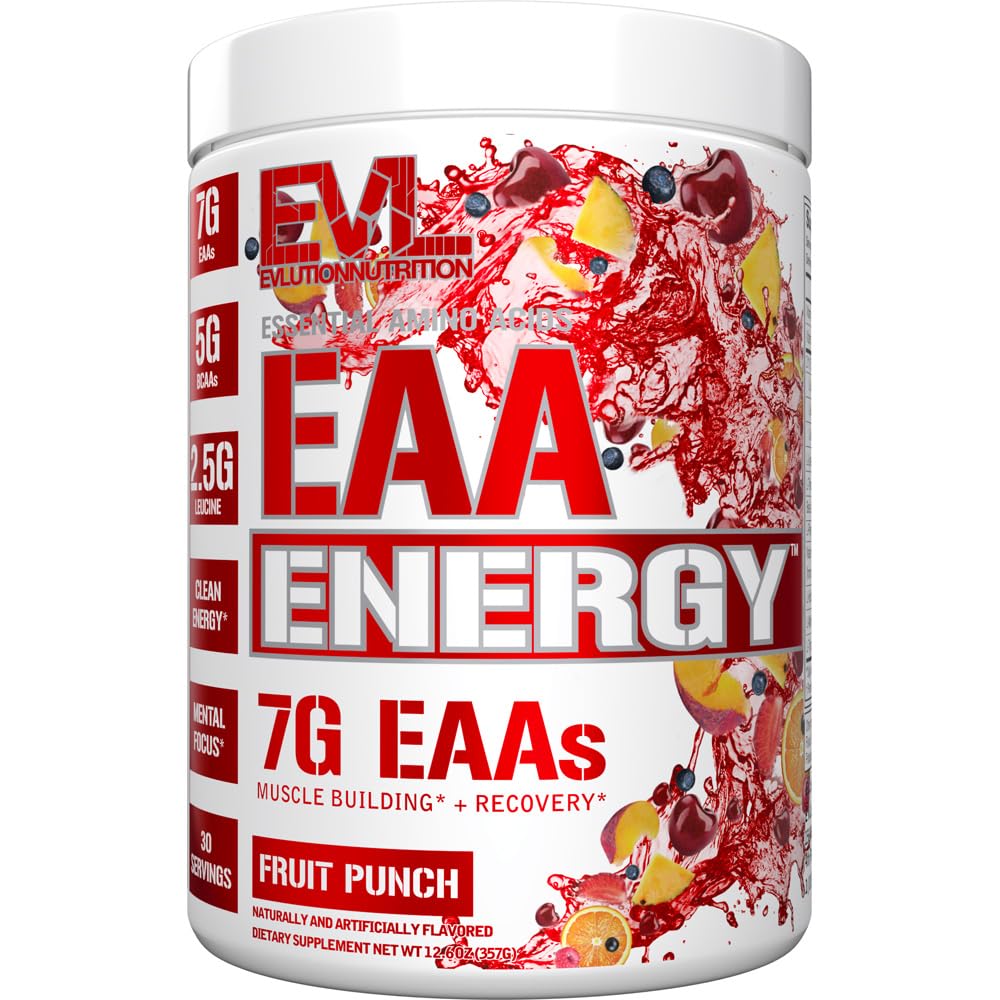 Evlution Nutrition EAA Energy - Pre & Post Workout Powder - Muscle Building & Recovery Supplement - 7g Essential Amino Acids + 5g BCAAs - Clean Energy - mit Koffein - 30 Portionen - Fruit Punch