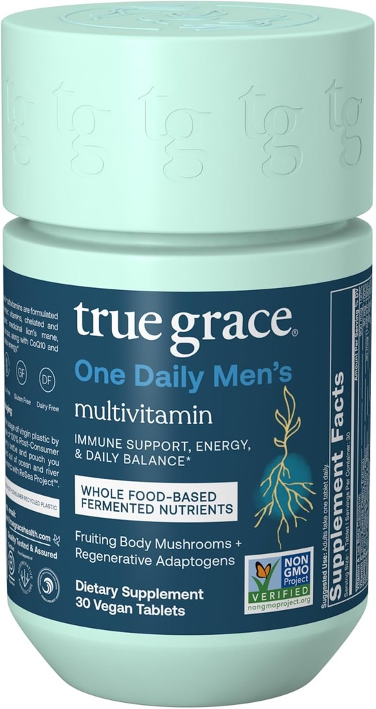 True Grace One Daily Hommes Multivitamine Fermented Minerals, Organic Adaptogens & Champignons Immune, Endurance, Bone & Heart Support - Non-OGM, Sans gluten - 30 comprimés végétaliens
