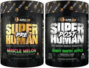 ALPHA LION Pré-entraînement surhumain Poudre et post-entraînement Recovery Bundle, Sustained Energy & Focus + Lean Muscle Growth, Strength & Volume (Muscle Melon & Gainy Smith Apple)