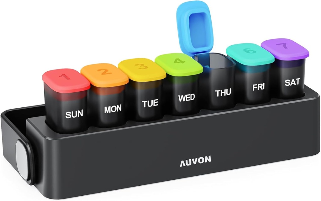 AUVON Hydratant-Proof Weekly Pill Organizer with Locking Design, Sleek Pill Box 7 Day Easy to Use, Black Pill Case for Privacy Protection, Pill Holder for Mediciations, Vitamines, Huiles de poisson, Suppléments