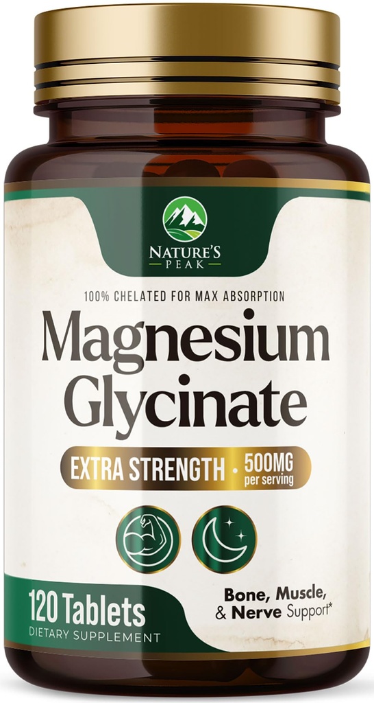 Magnesio Glycinate 500mg - Chelated for Ultra Absorption - Supporta Bone, Muscolo, Neves & Heart Health, supporto per il sonno della natura, migliori pillole per il supplemento di magnesio per il supporto del corpo intero - 120 compresse