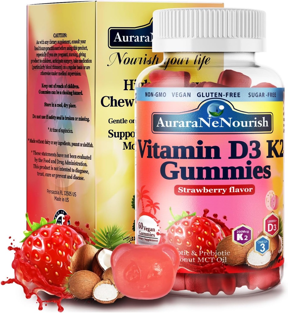 D3 K2 Vitamin 10000 IU, Zuckerfreies Vitamin D3 K2 Gummie w. Pro & Pre, Kaubares Vitamin D3 und K2 (MK-7) Ergänzungen für Knochen, Immun, Herz- und Digest-Gesundheit, Kalzium-Absorption angepasstPlant-basiert