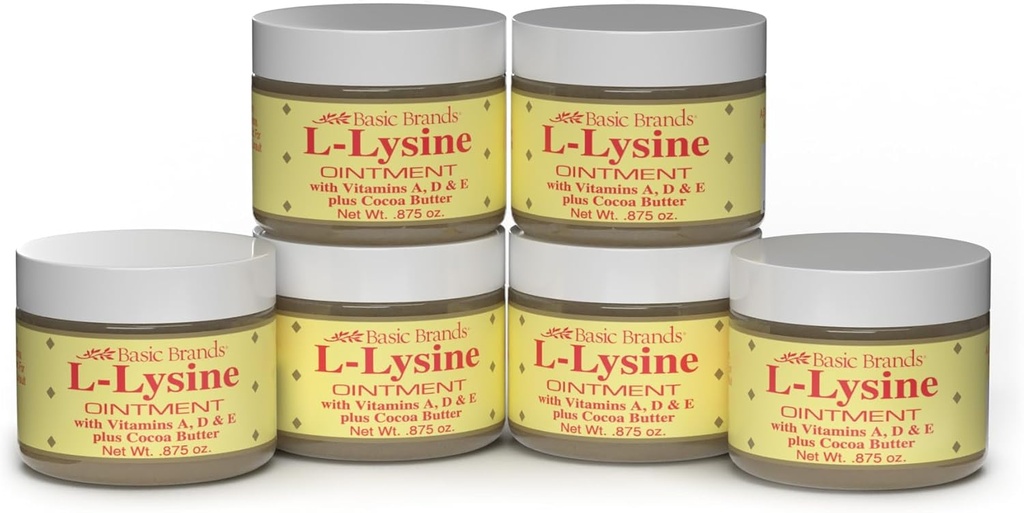 Marques de base - Onguent L-Lysine - 0.875 oz - Lysine Traitement des plaies froides et soulagement de la plaquette - Lèvres apaisées et peau sèche – 6-pack