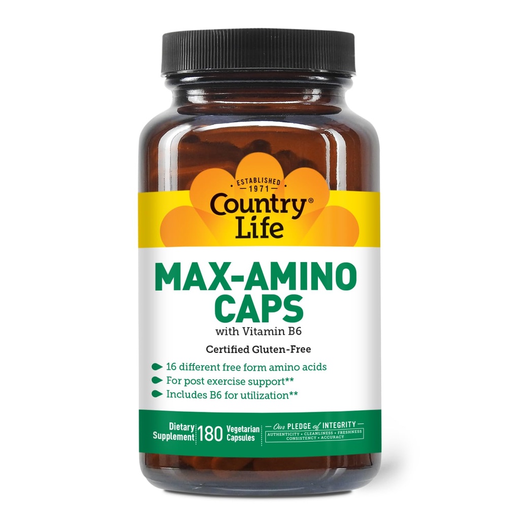 Pays Vie Maxi-Amino avec 16 acides aminés de forme libre, 180 capsules végétariennes, certifié sans gluten, certifié végétarien