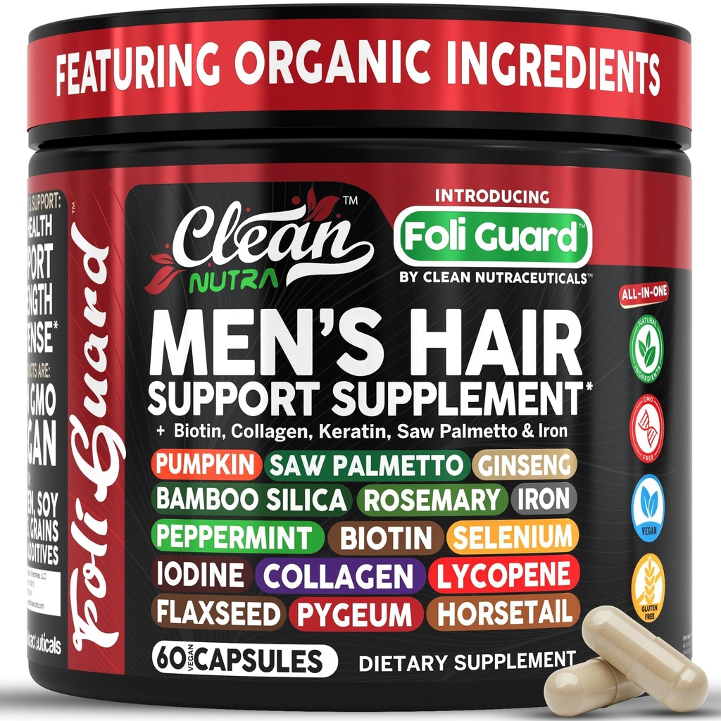 Supplément de croissance des cheveux pour les hommes de Biotine Vitamines capillaires Collagène Pumpkin Seed Saw Palmetto Iron Ginseng Bamboo Silica Rosemary Peppermint Keratin Selenium Iodine Lin Paille Vitamine A C D3 E B12