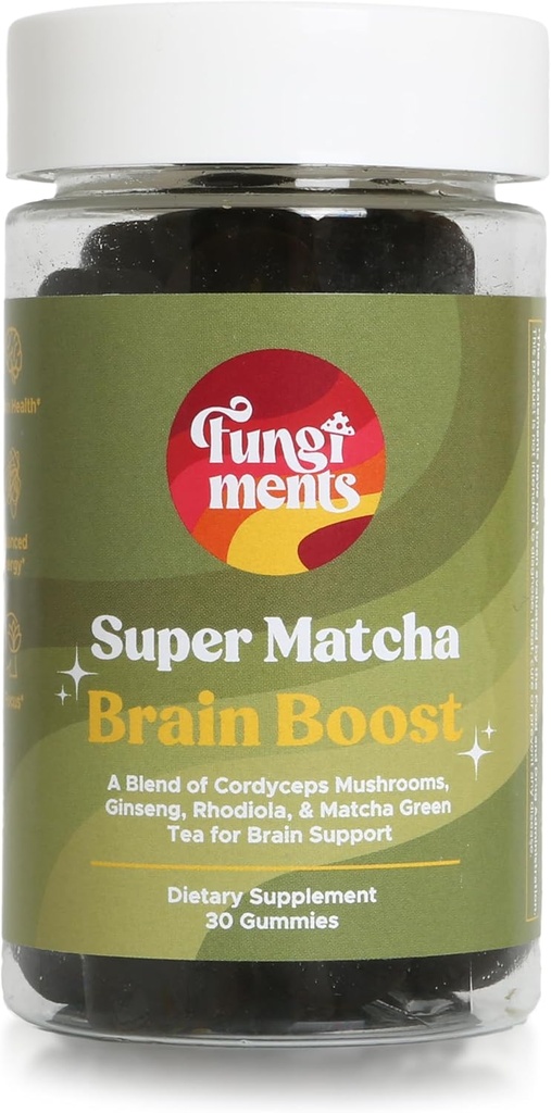Fungiments Super Matcha - Cordyceps Champignons, Poudre de Thé Vert, Ginseng, Rhodiola - Énergie quotidienne et Endurance (30 Gummes de Champignons)