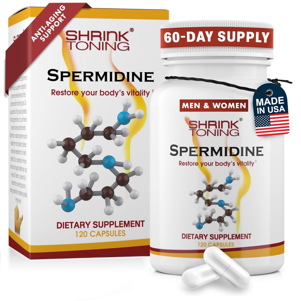 Shrink Spermidin ergänzt Haut und Anti-Aging-Unterstützung – 120 Vegan Caps 100% natürliches Polyamin für Männer und Frauen, Gesamt-Wellness – Non-GMO, USA Made – mit High Spermidin, Zink & Thiamin
