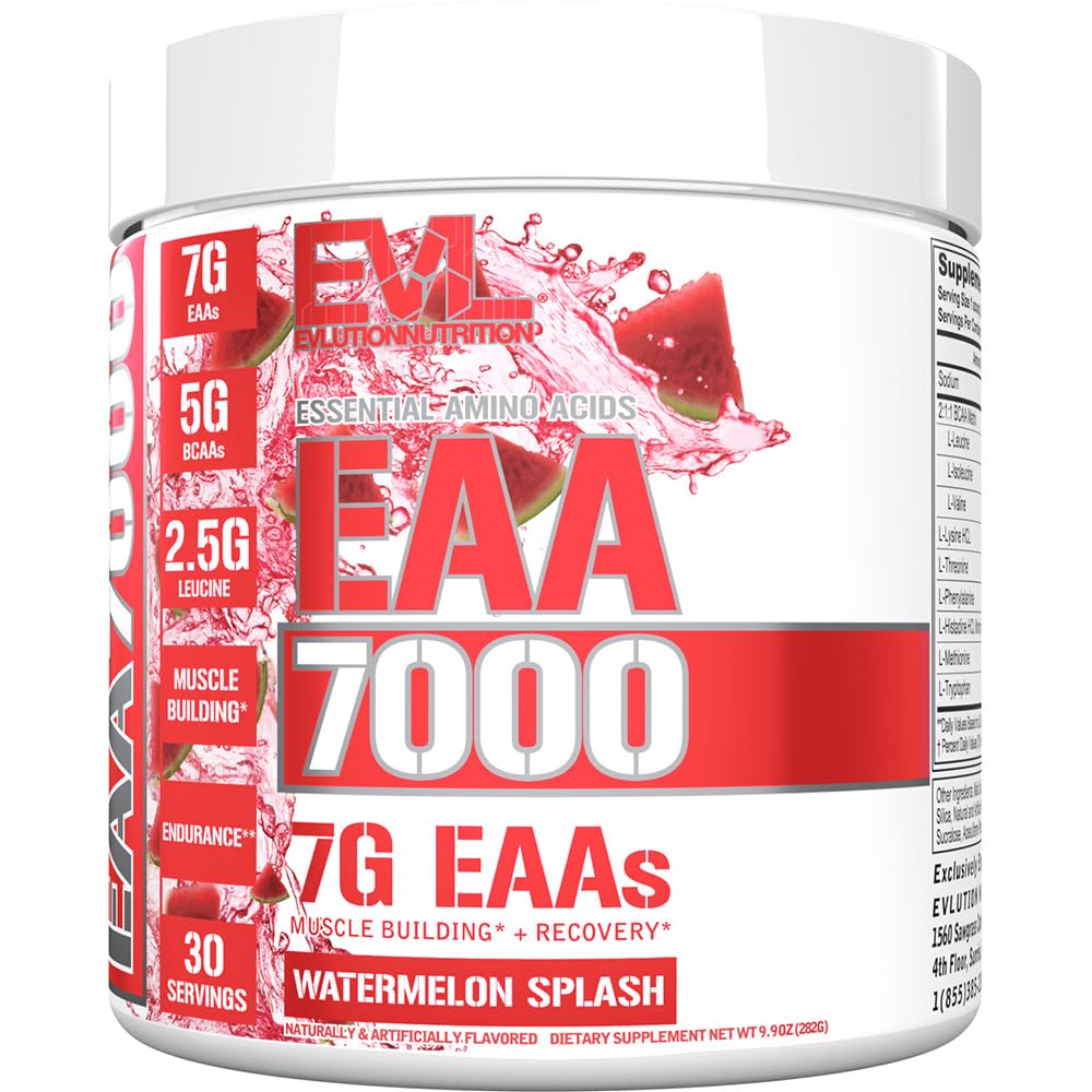 Evluution Nutrition EA7000 - Poudre avant et après l'entraînement - Muscle Building + Supplément de récupération - 7g Acides aminés essentiels + 5g BCAA - Endurance + Support énergétique - 30 Servants - Pastèque Splash