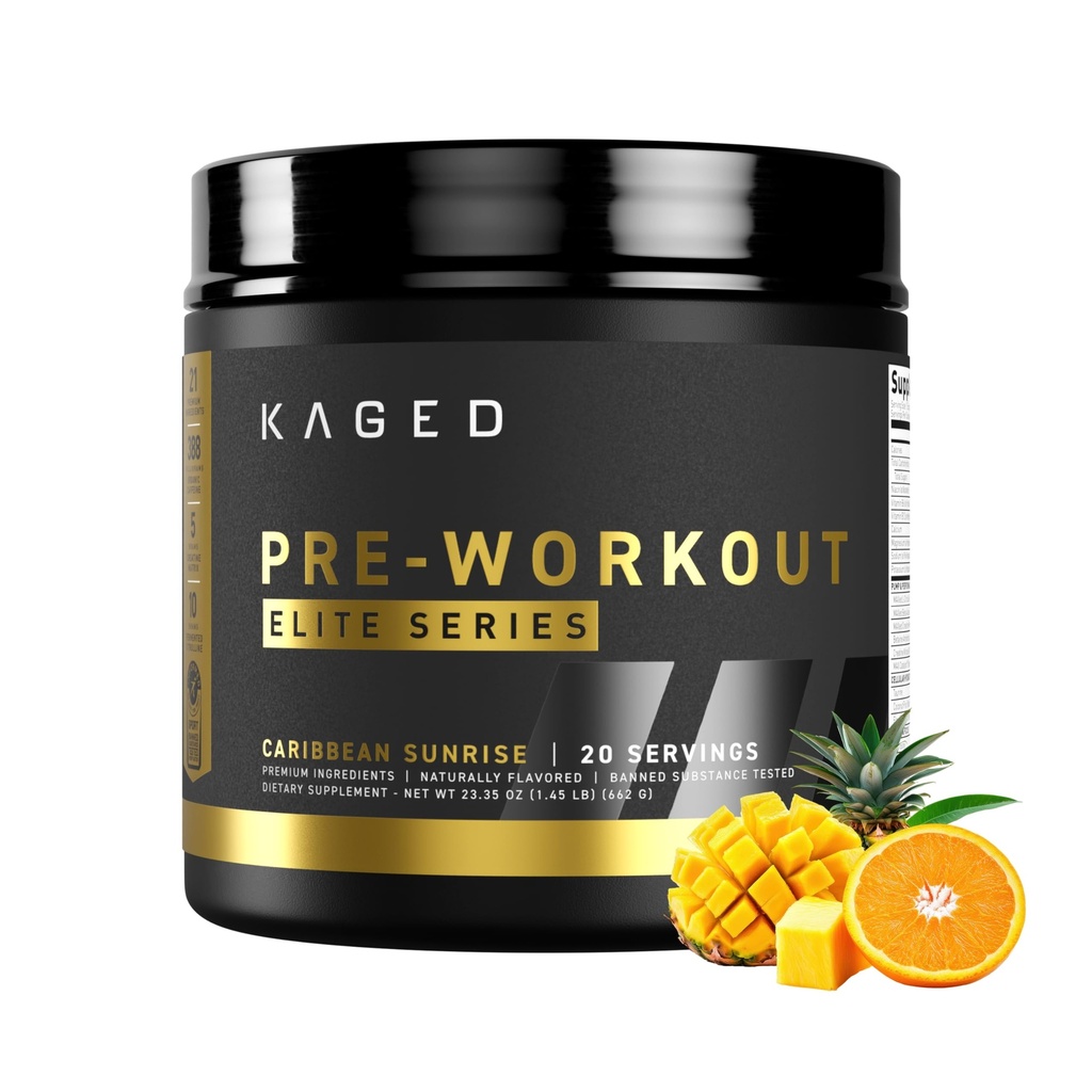 Kaged Pre Workout Powder Pre-Workout Elite für Männer und Frauen High Stimulant für Energie, Fokus, Pumpen L-Citrulline, Beta Alanine, Kreatin & 388mg von Organic Caffeine Caribbean Sunrise Servings