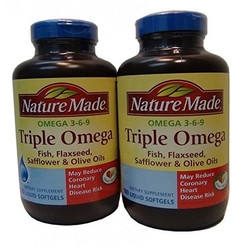Natur Made Triple Omega 3 6 9 - Fisch, Flaxseed, Safflower & Olivenöle - 2 Flaschen, 180 Softgels Jede