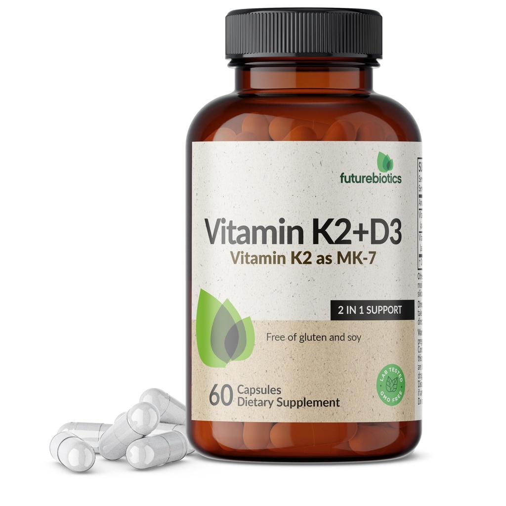 Futurebiotics Vitamin K2 (MK7) with D3 Supplement - Non-GMO Formula - 5000 IU Vitamin D3 & 90 mcg Vitamin K2 MK-7, 60 Vegetarian Capsules