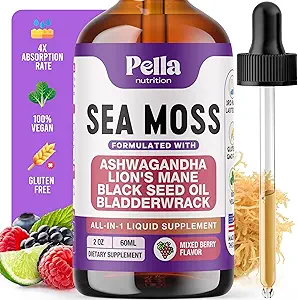 Sea Moss e Ashwagandha Liquid Supplement - Infuso con Lion's Mane, Black Seed Oil e Bladderwrack - Vegan, Easy-to-Mix Formula - Supporta l'attività antiossidante e la salute immunitaria (Mixed Berry, 60mL)
