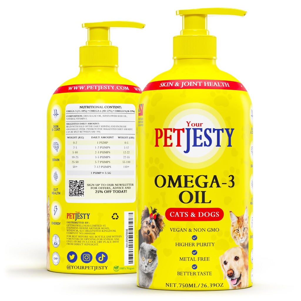 PetJesty Pure Omega 3 Öl für Hunde & Cats 26.39oz - Omega 3 Haut & Coat Support- Flüssige Nahrungsergänzung für Haustiere - Vegan Haustier + DHA für Gelenkfunktion, Immun- & Herz-Gesundheit, Non Fish Oil Dog und Katze