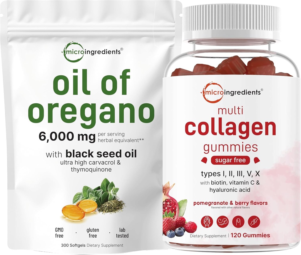 Micro-ingrédients Huile d'Origan Softgels 6 000mg Par Servant et Multi Collagène Peptides Gummies Bundle Pack de 4X Strength Carvacrol & Thymoquinon