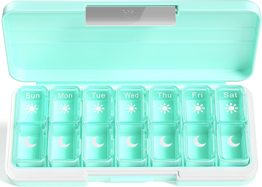 Zoksi Am Pm Pill Organisateur 7 jours, hebdomadaire Pill Box 2 fois par jour, organisateur de pilules de médecine avec compartiment séparé, distributeur de cas de pilule de voyage portable pour les vitamines, huiles de poisson, médicaments(vert)