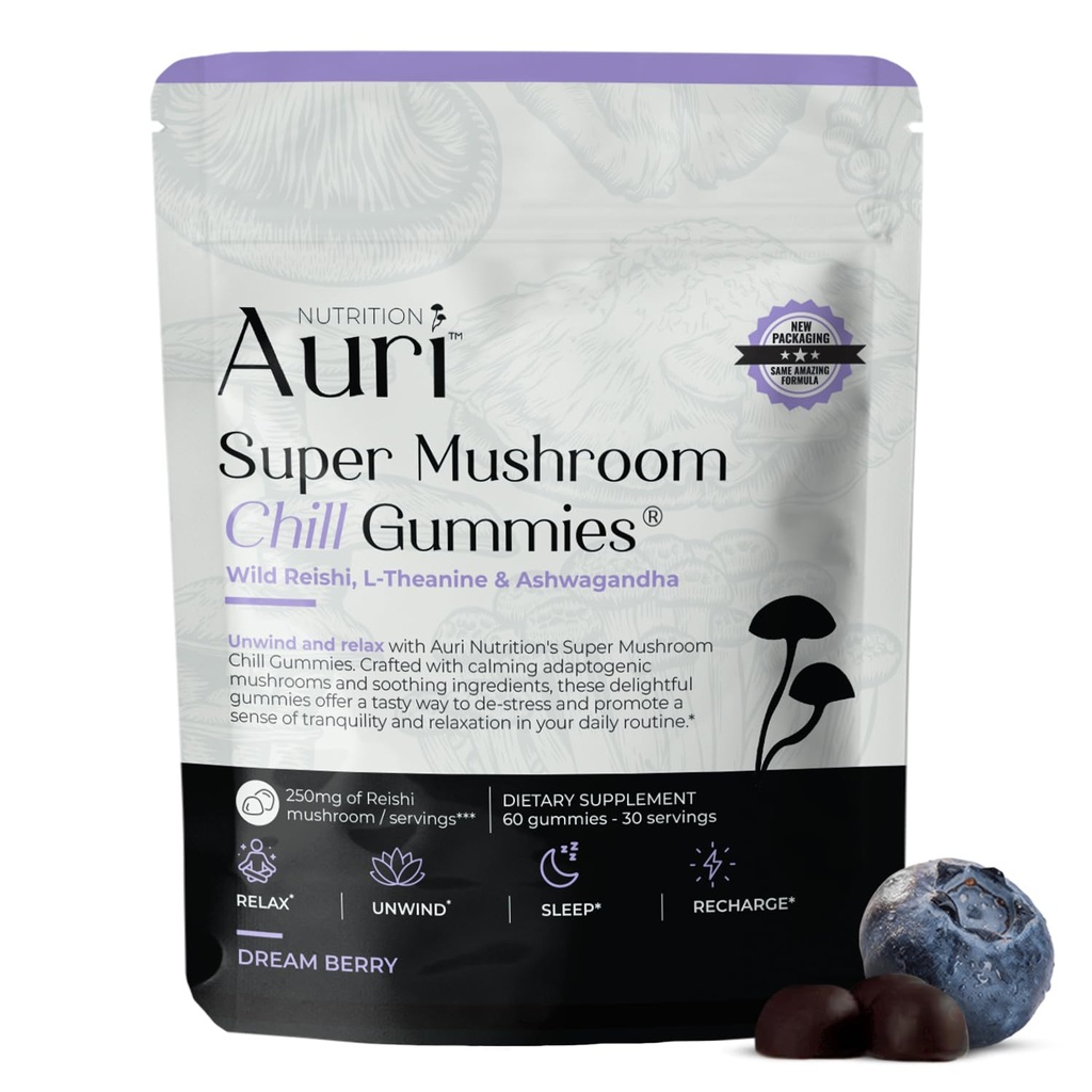 Auri Super Mushroom Chill Gummies - Natural Calming Aid & Stress Riduzione Supplemento per Adulti w/Reishi Mushroom, Ashwagandha, L-Theanine - Unwind Mind & Harmonize Your Day - 60 Calm Gummies