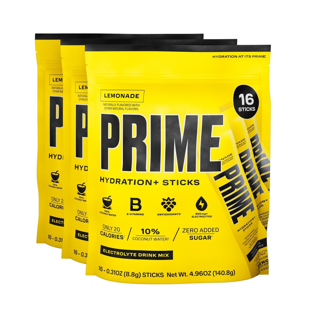 PRIME HYDRATION+ Sticks Lemonade | Polvere di idratazione Bastoncini di singola dose | Polvere di elettrolita sul Go | 250mg BCAA, B Vitamine, Antiossidanti | Basso zucchero | Caffeina-Free | Vegan | 48 Sticks